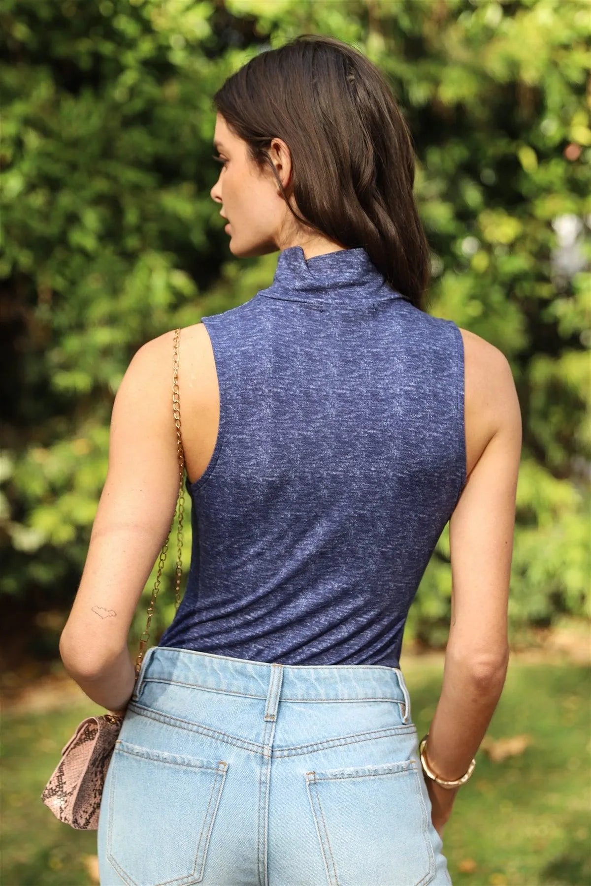 Heather Navy Turtle Neck Sleeveless Bodysuit /3-2-1 - Tasha Apparel Wholesale