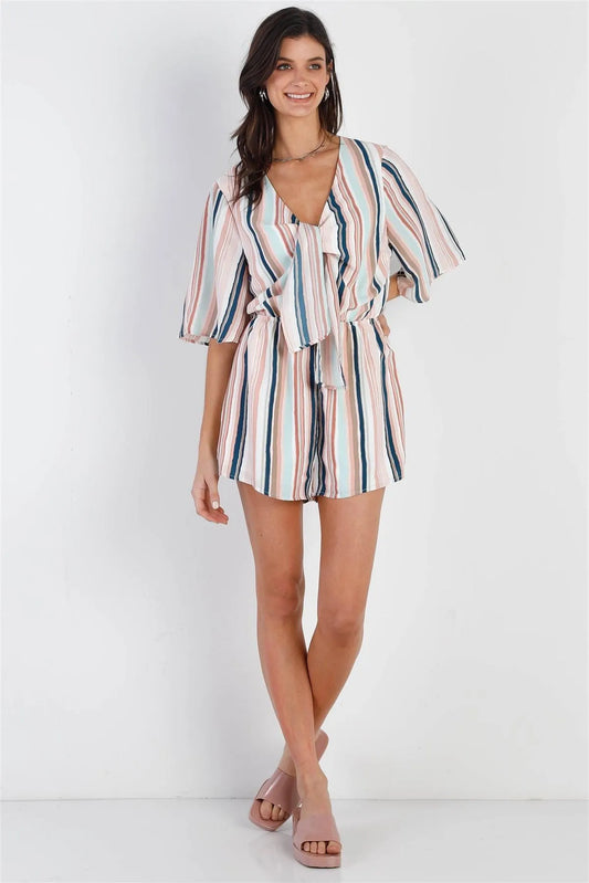 Pink & Navy Multi Color Stripe Front Tie Detail Midi Sleeve Romper /1-2 - Tasha Apparel Wholesale