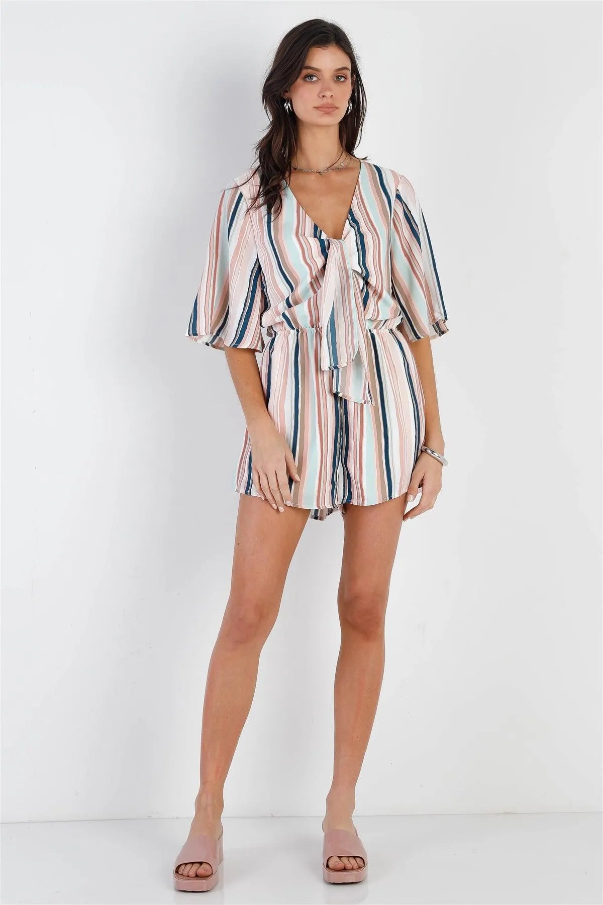 Pink & Navy Multi Color Stripe Front Tie Detail Midi Sleeve Romper /2-2-2 - Tasha Apparel Wholesale