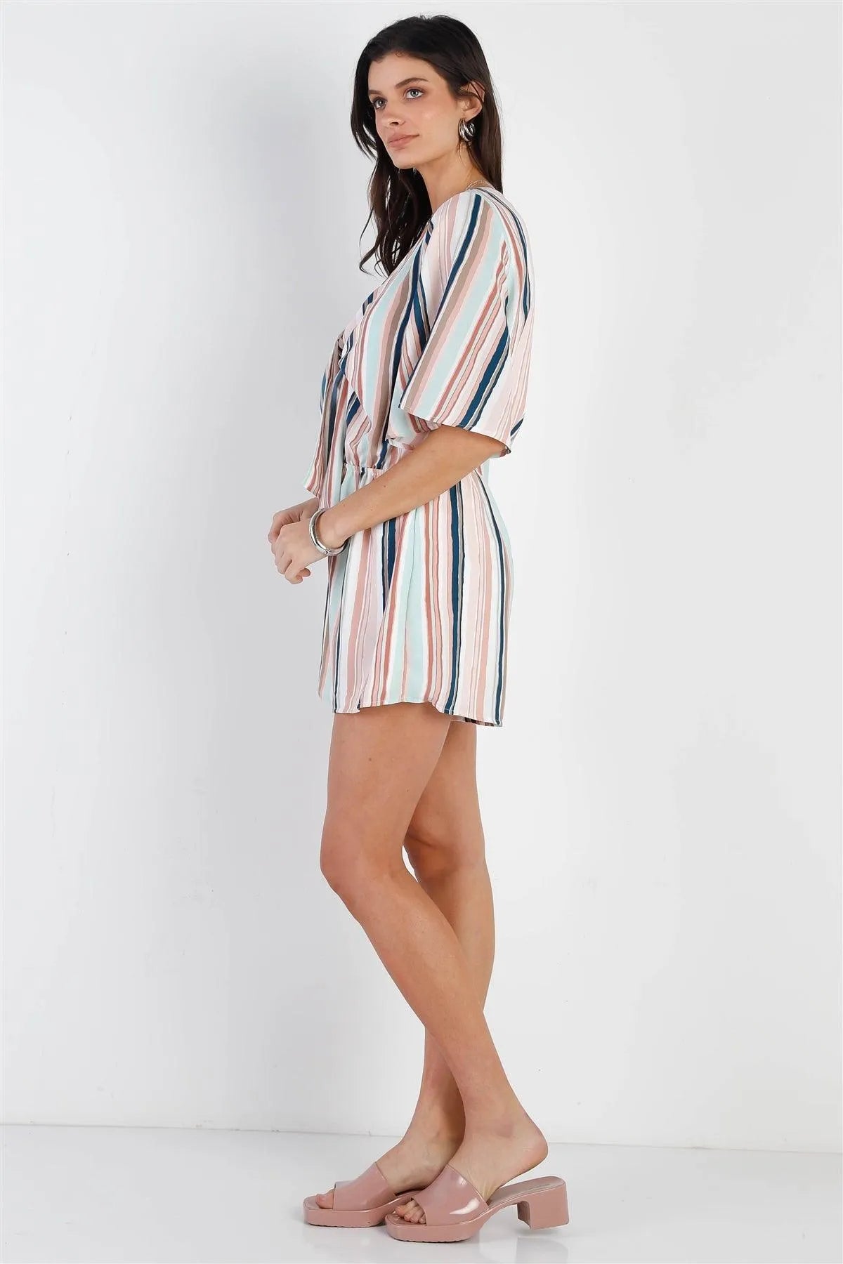 Pink & Navy Multi Color Stripe Front Tie Detail Midi Sleeve Romper /2-2-2 - Tasha Apparel Wholesale