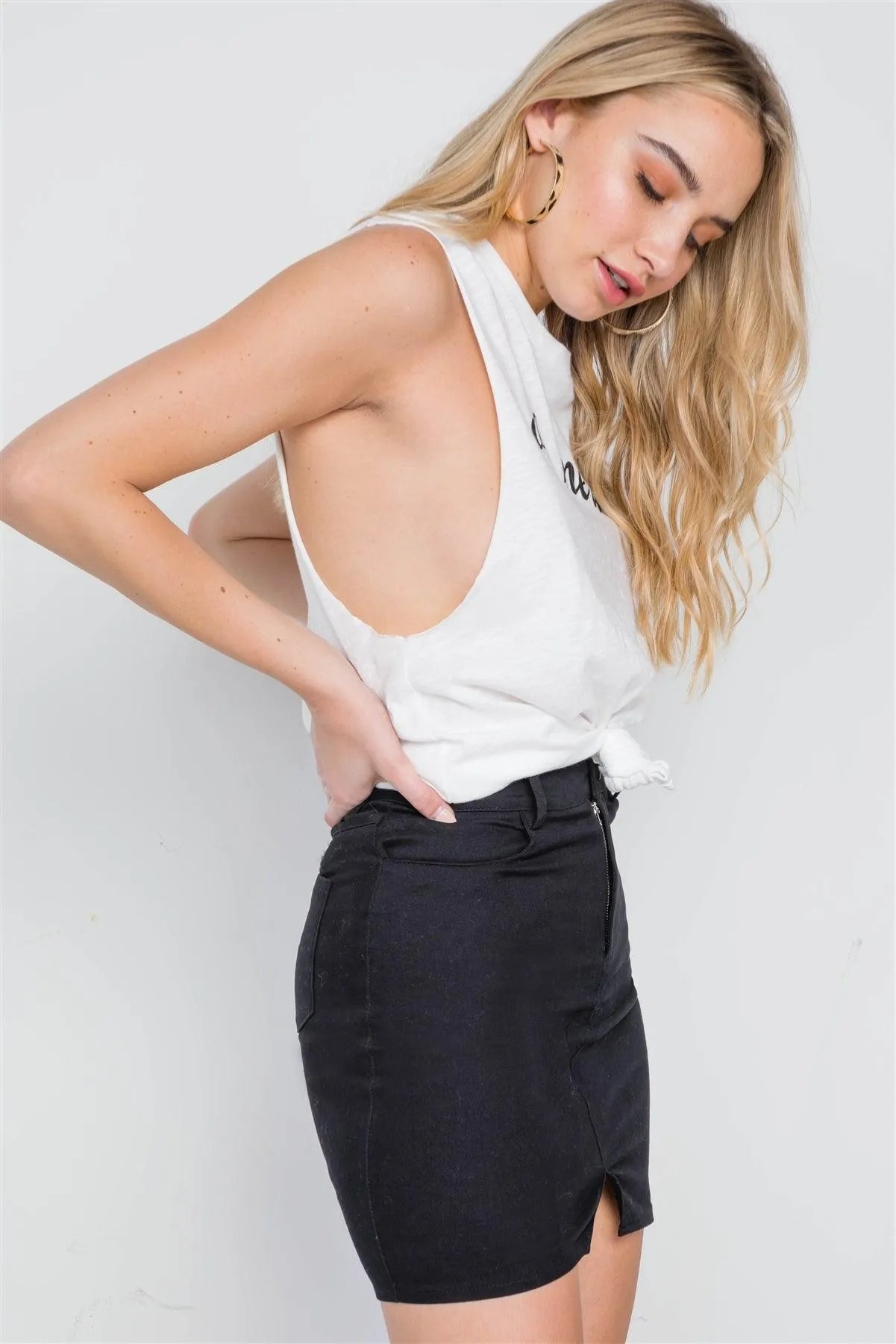 Black High-Waist Solid Denim Mini Skirt /3-2-1 - Tasha Apparel Wholesale