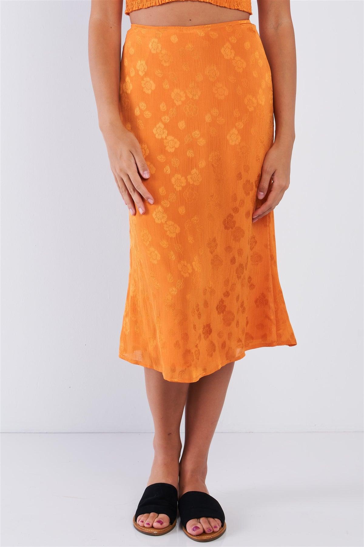 Burnt Orange Floral Press Print High-Waisted Midi Skirt