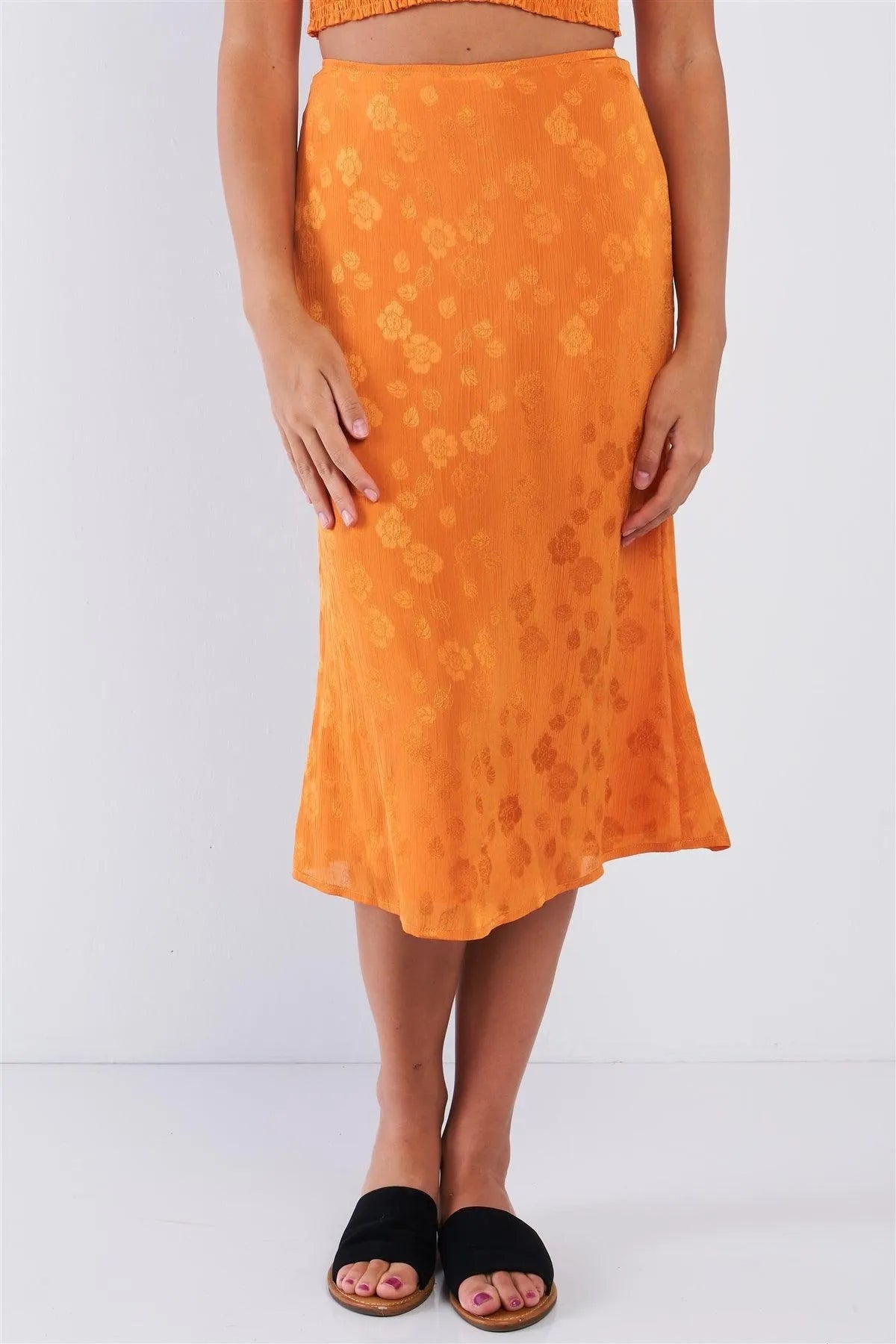 Burnt Orange Floral Press Print High-Waisted Midi Skirt - Tasha Apparel Wholesale