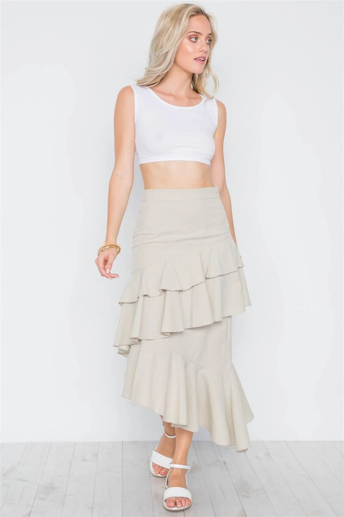 Brown Taupe Ruffle High-Waist Midi Skirt /2-2-2 - Tasha Apparel Wholesale