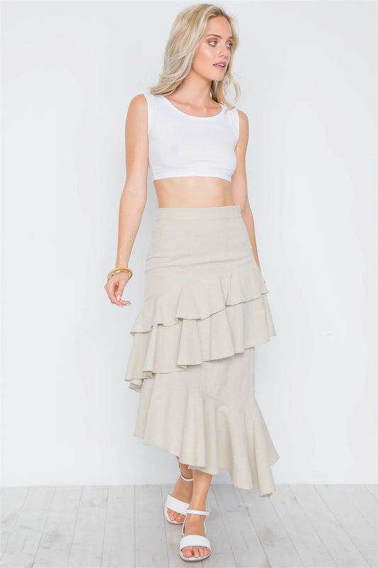 Brown Taupe Ruffle High-Waist Midi Skirt /2-2-2 - Tasha Apparel Wholesale