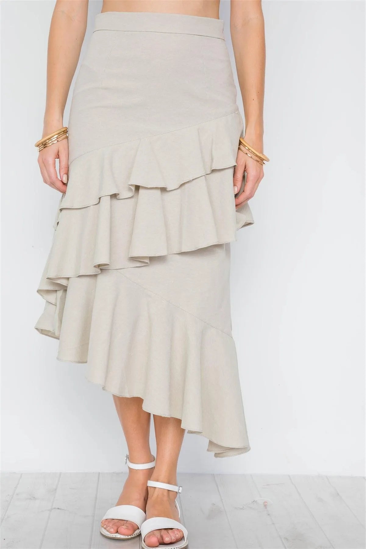 Brown Taupe Ruffle High-Waist Midi Skirt /2-2-2 - Tasha Apparel Wholesale