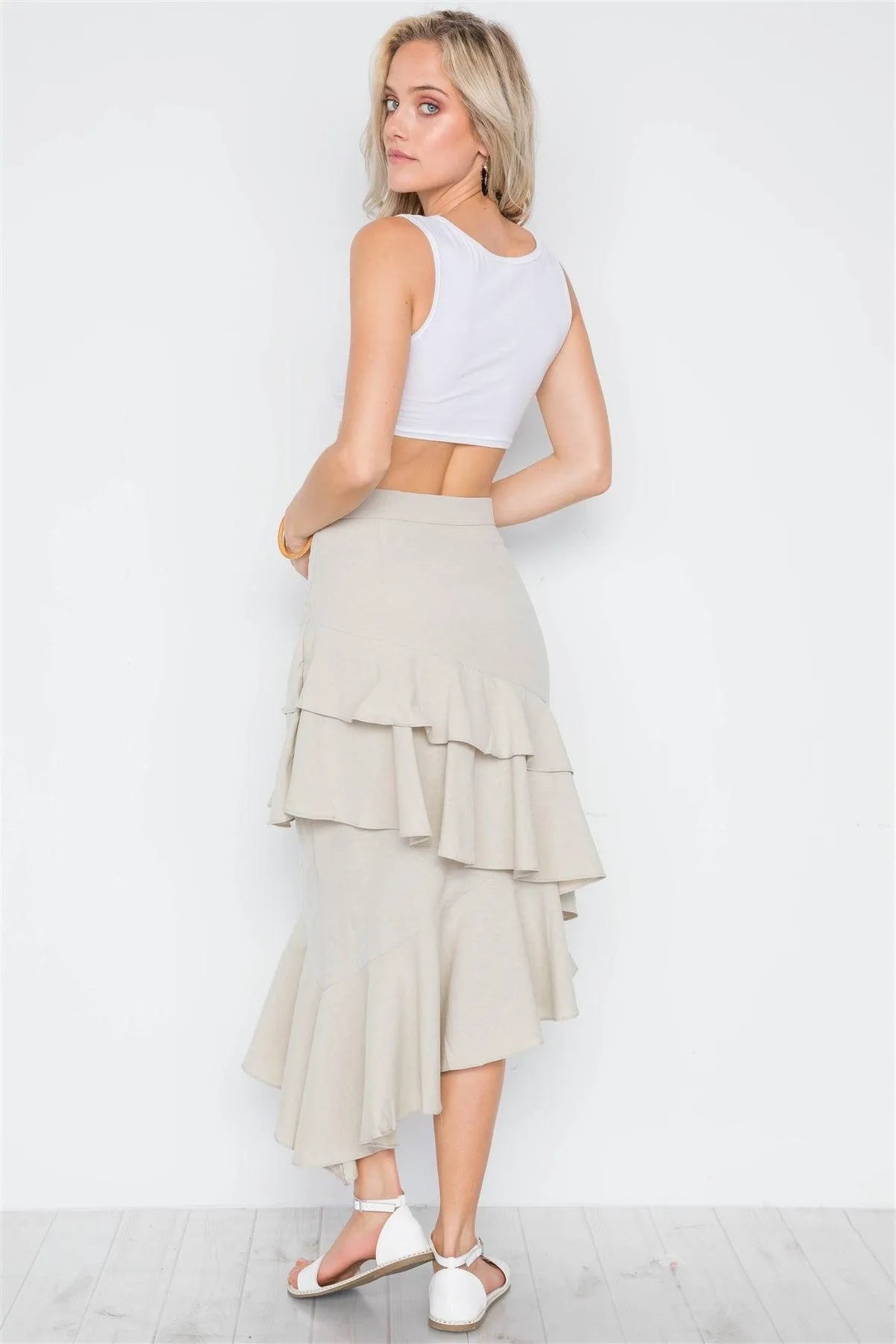 Brown Taupe Ruffle High-Waist Midi Skirt /2-2-2 - Tasha Apparel Wholesale