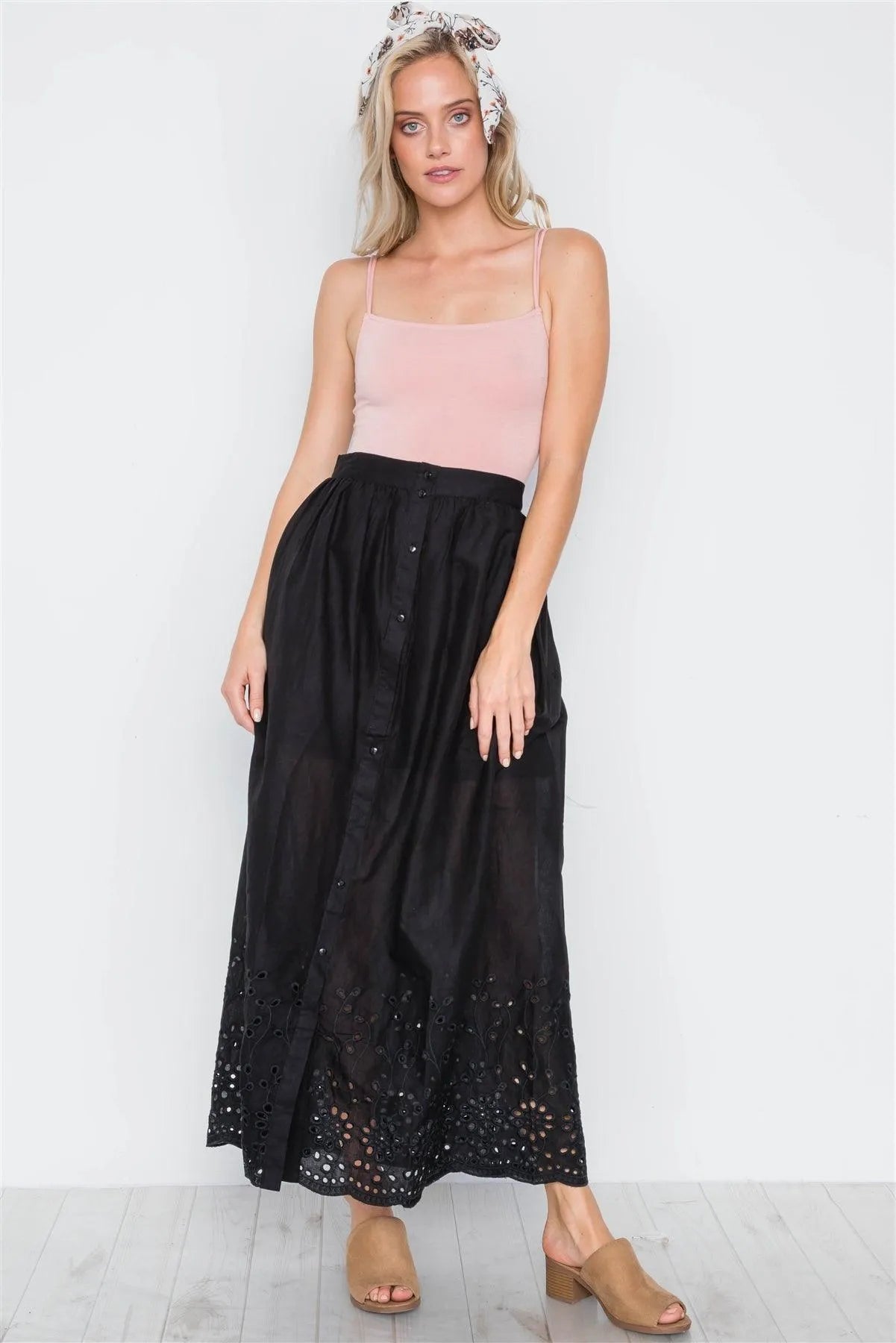 Black Floral Embroidery Maxi Boho Skirt /2-2-2 - Tasha Apparel Wholesale