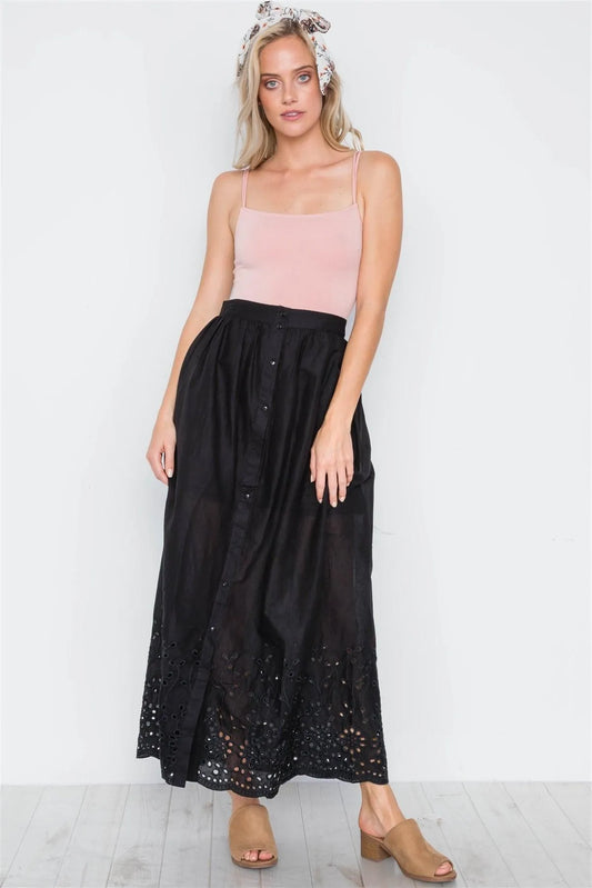 Black Floral Embroidery Maxi Boho Skirt /2-2-2 - Tasha Apparel Wholesale
