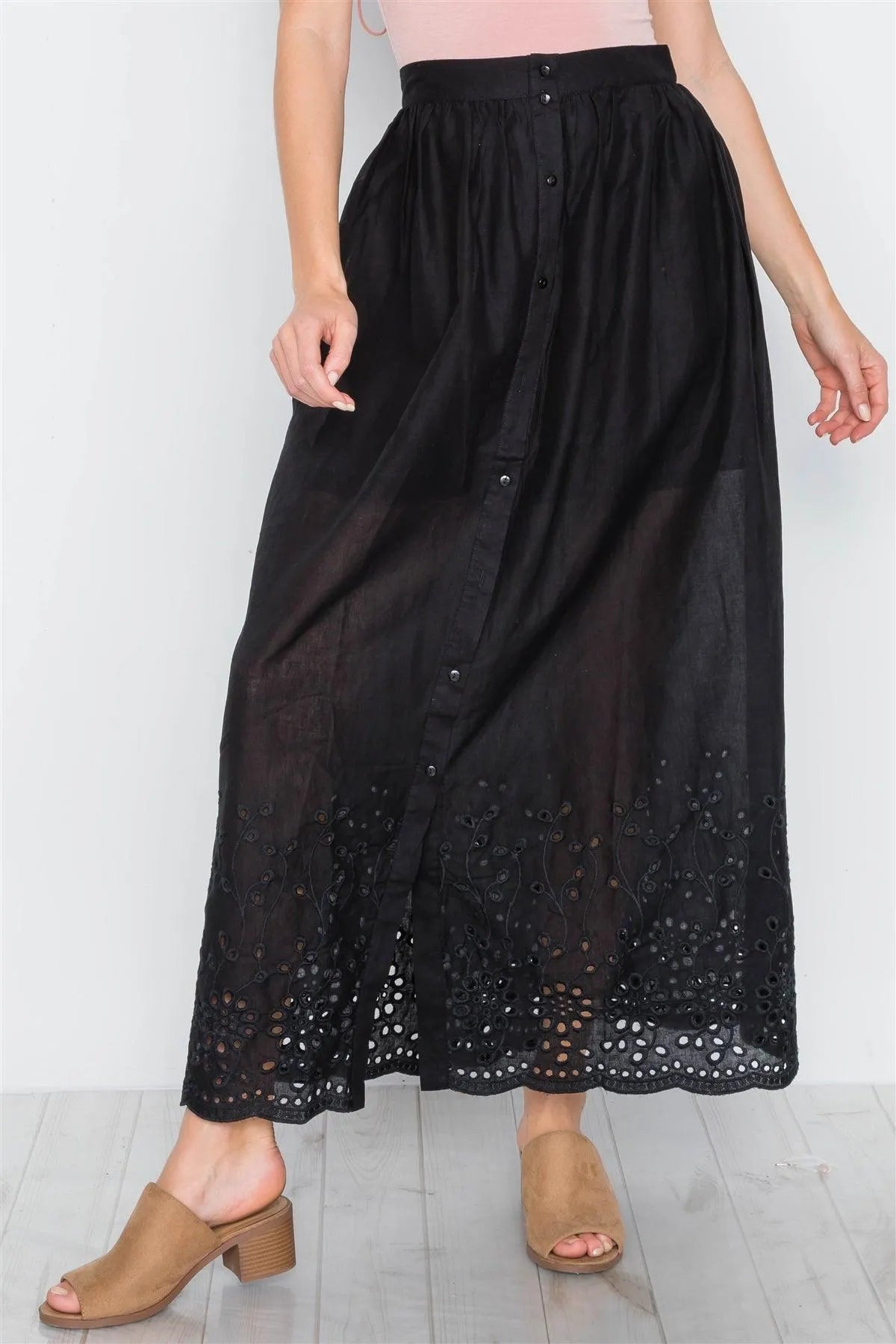 Black Floral Embroidery Maxi Boho Skirt /2-2-2 - Tasha Apparel Wholesale