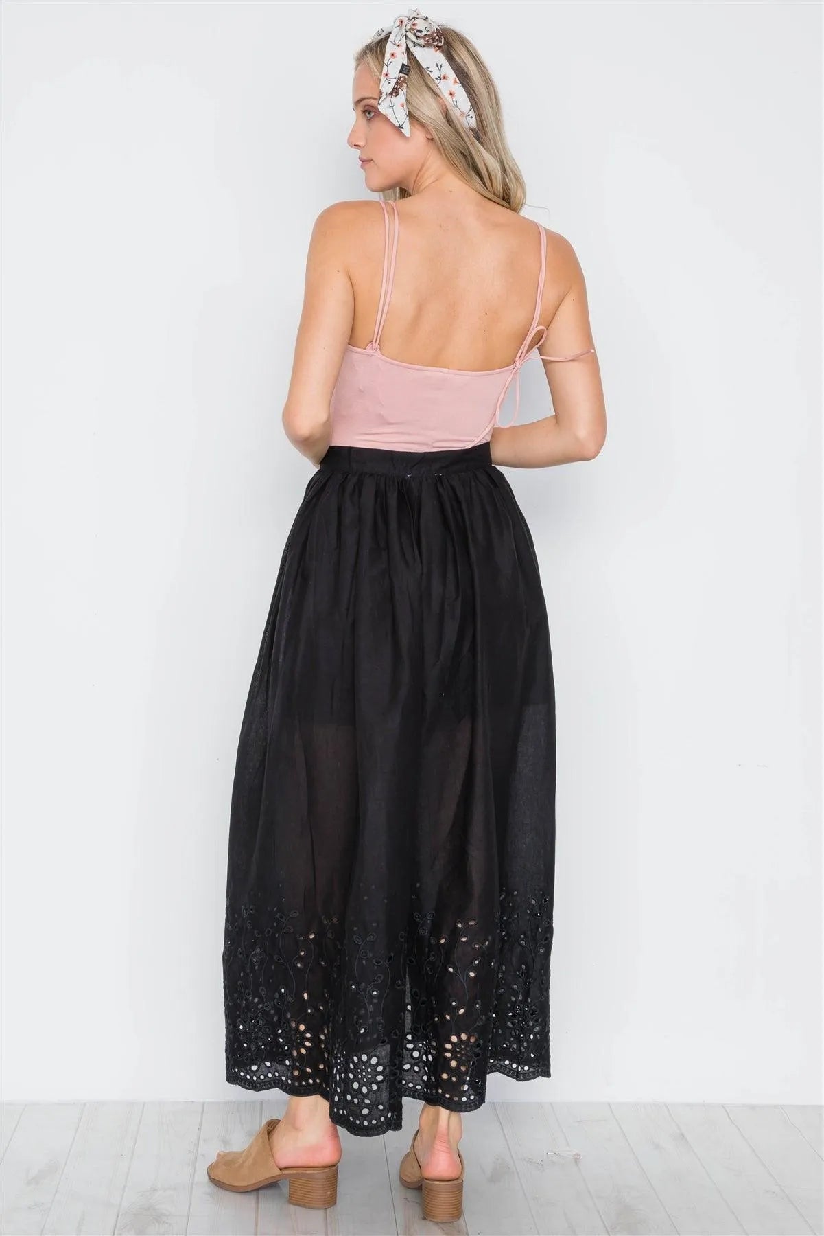 Black Floral Embroidery Maxi Boho Skirt /2-2-2 - Tasha Apparel Wholesale