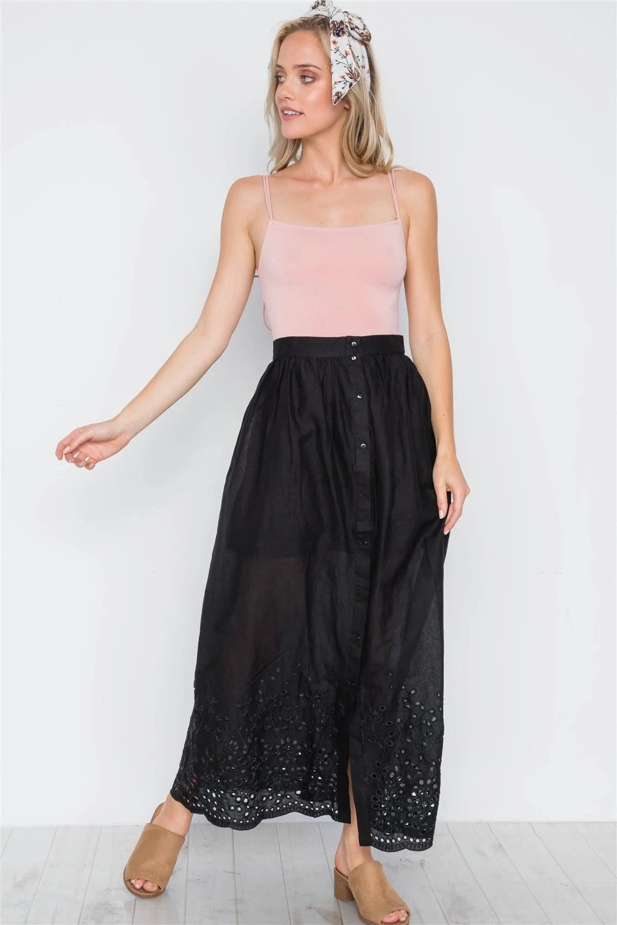 Black Floral Embroidery Maxi Boho Skirt /2-2-2 - Tasha Apparel Wholesale