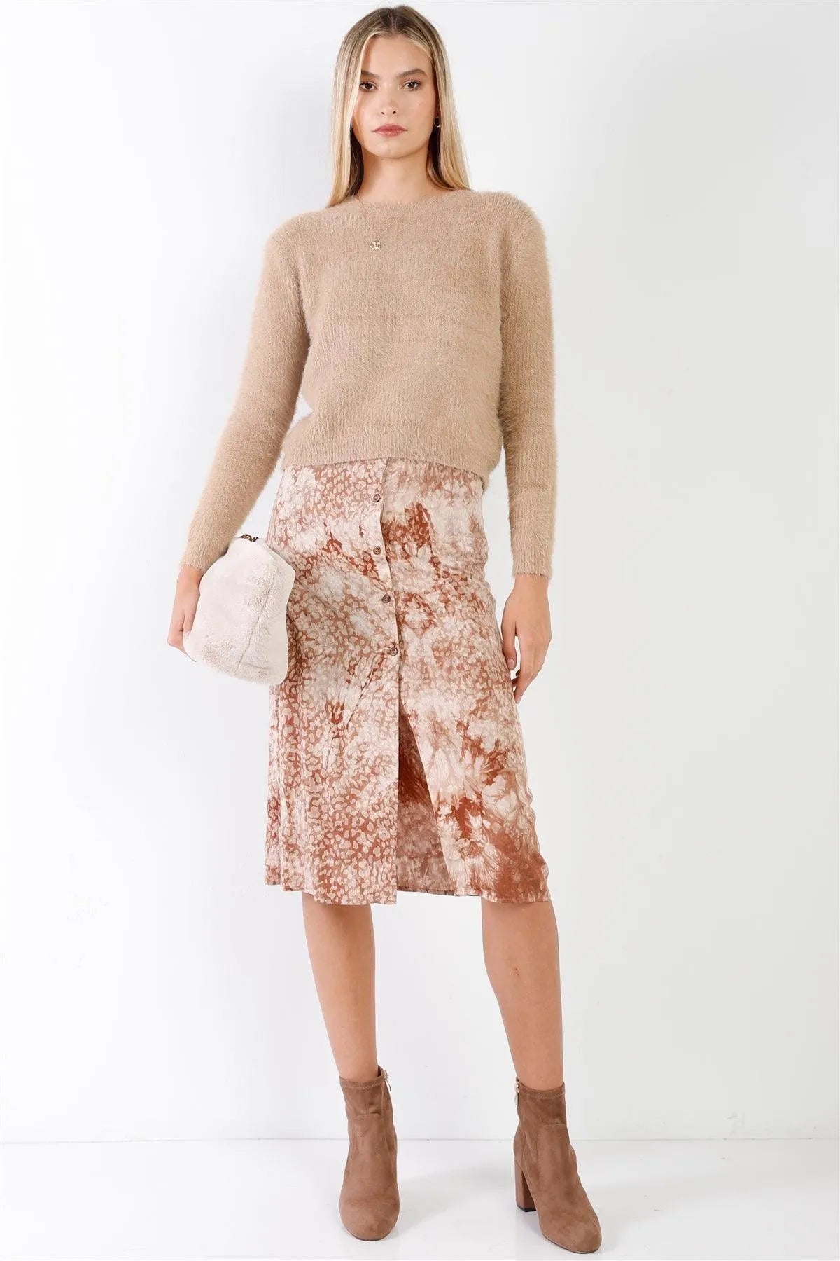 Coffee Cream Tie Dye High Waisted Front Button Down Midi Skirt /3-2-1 - Tasha Apparel Wholesale