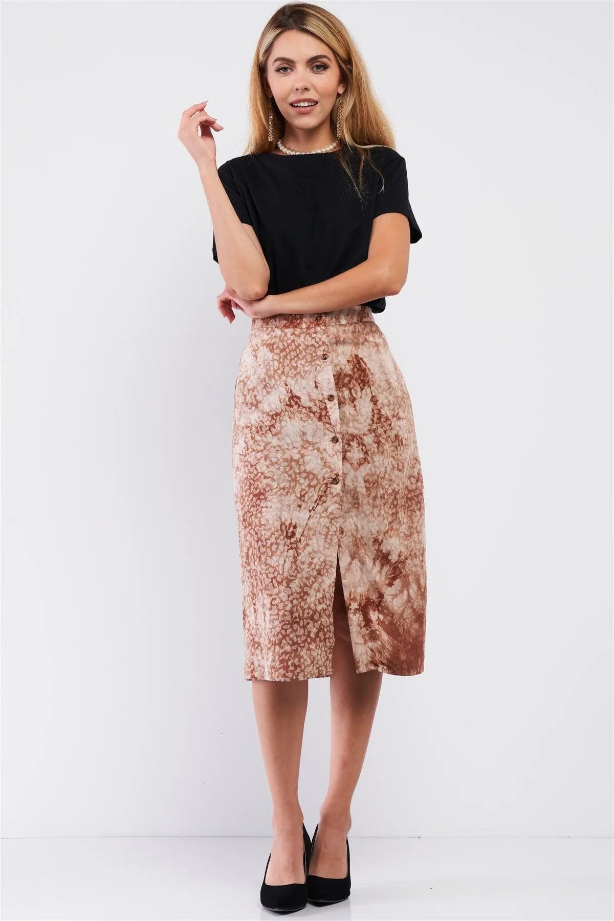 Coffee Cream Tie Dye High Waisted Front Button Down Midi Skirt /3-2-1 - Tasha Apparel Wholesale