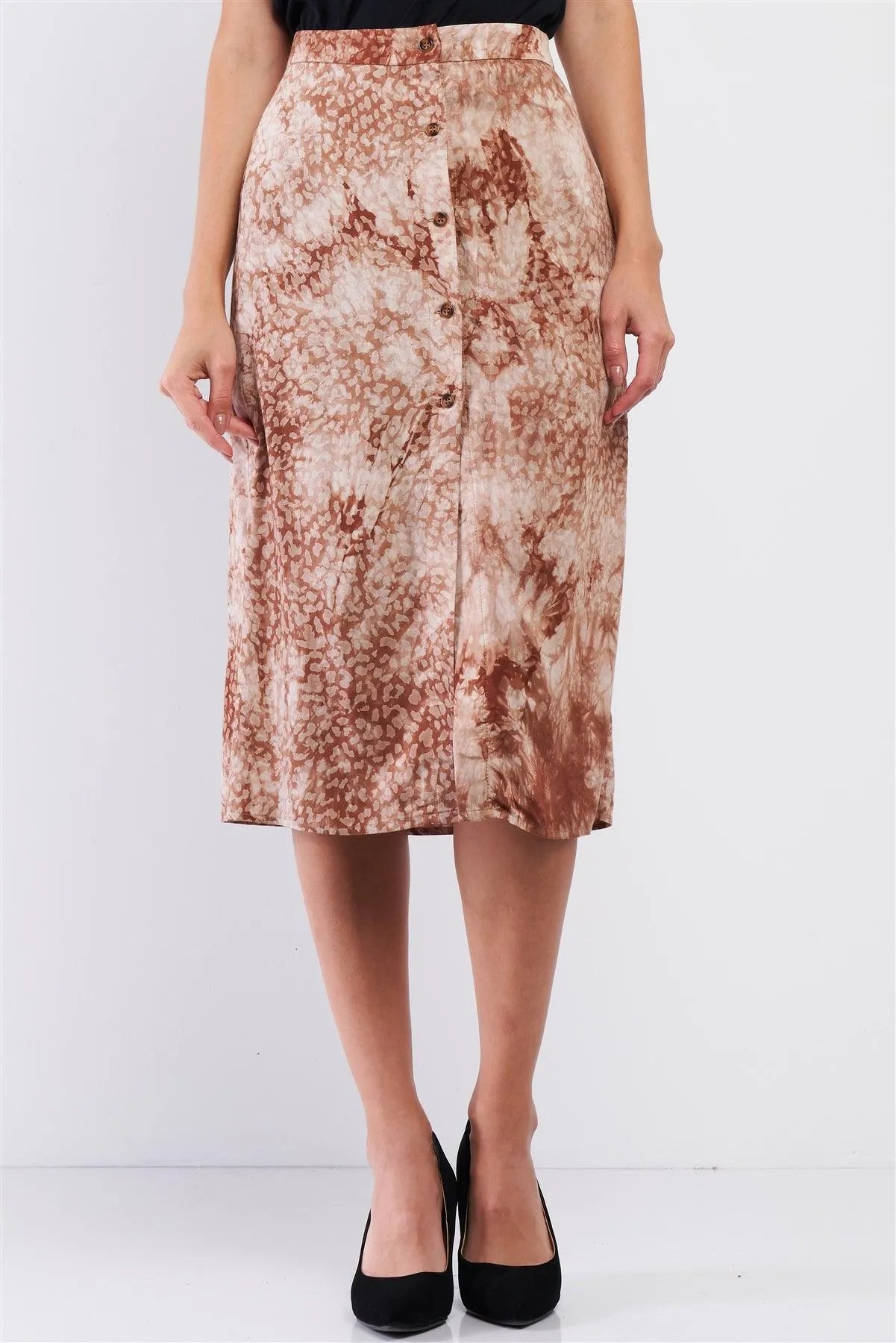 Coffee Cream Tie Dye High Waisted Front Button Down Midi Skirt /3-2-1 - Tasha Apparel Wholesale