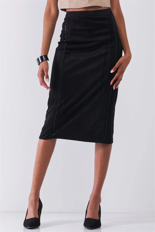 Black Suede High-Waist Side Trim Detail Pencil Fit Midi Skirt /1-2-2-1 - Tasha Apparel Wholesale