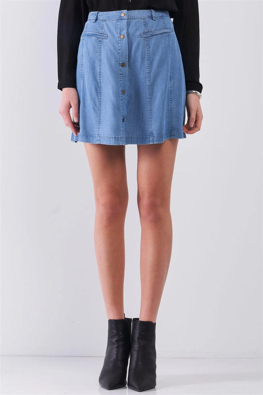 Blue High-Waisted Light Weight Faux Pocket Front Snap Button Down Belt Loops Denim Skirt /2-4 - Tasha Apparel Wholesale