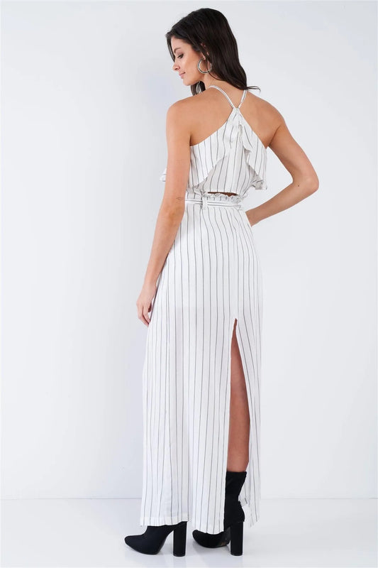 White & Grey Stripe Halter Crop Top and High Waist Frill Mock Maxi Skirt Skort Set - Tasha Apparel Wholesale