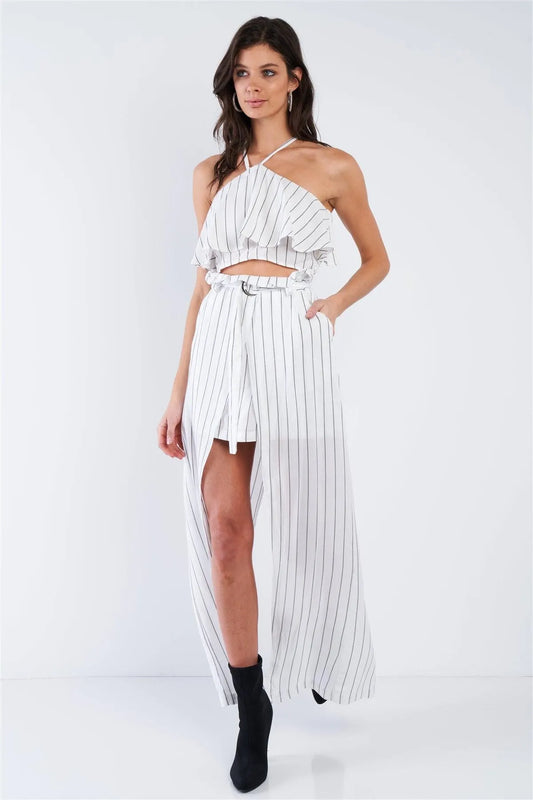 White & Grey Stripe Halter Crop Top and High Waist Frill Mock Maxi Skirt Skort Set /1-3-2 - Tasha Apparel Wholesale