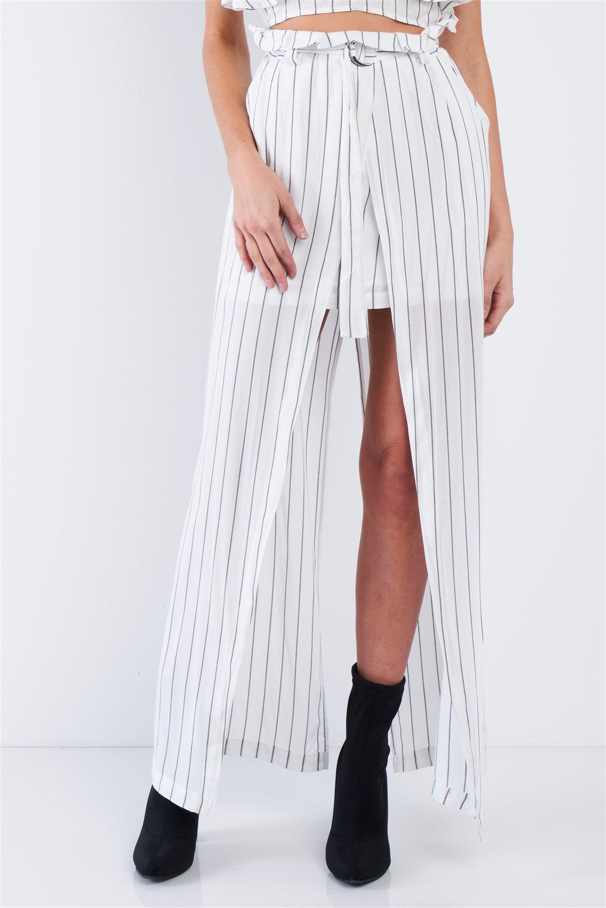 White & Grey Stripe Halter Crop Top and High Waist Frill Mock Maxi Skirt Skort Set    /1-3-2
