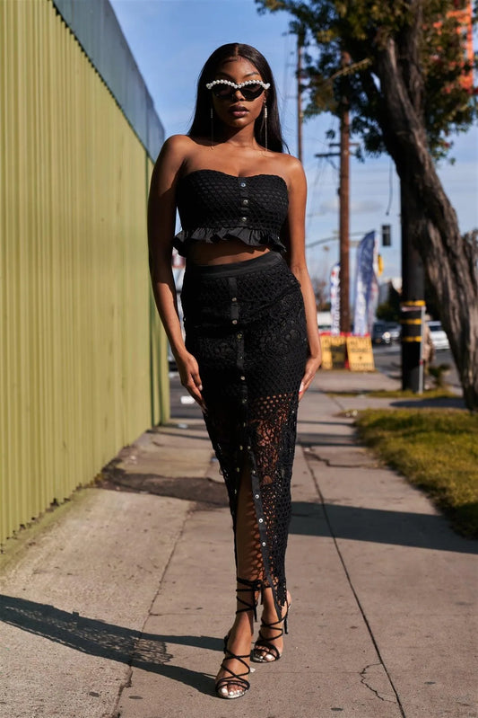 Black Lace Floral Fishnet Crop Bandeau & Snap Button Front Middle Slit Midi Skirt Set - Tasha Apparel Wholesale