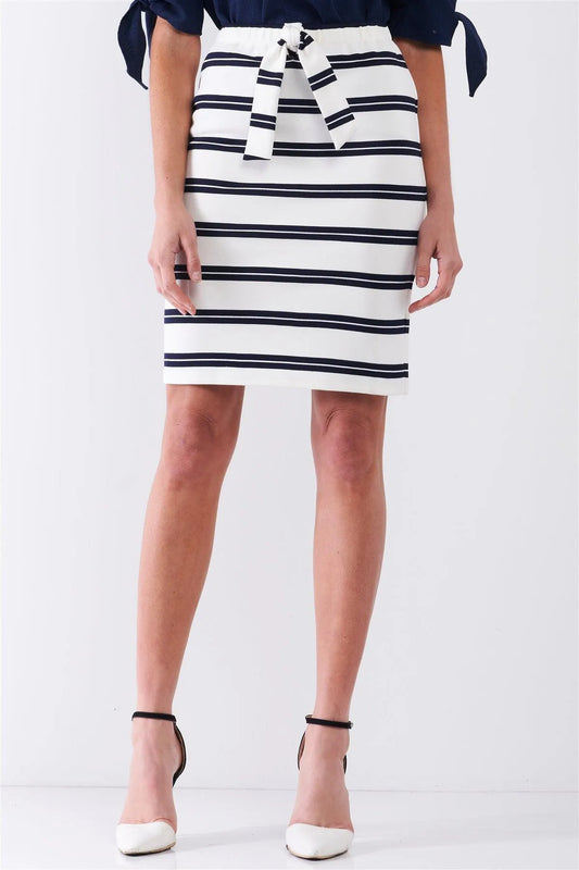 White & Navy Striped Elasticized Self-Tie High-Waist Pencil Skirt /1-2-2-1 - Tasha Apparel Wholesale