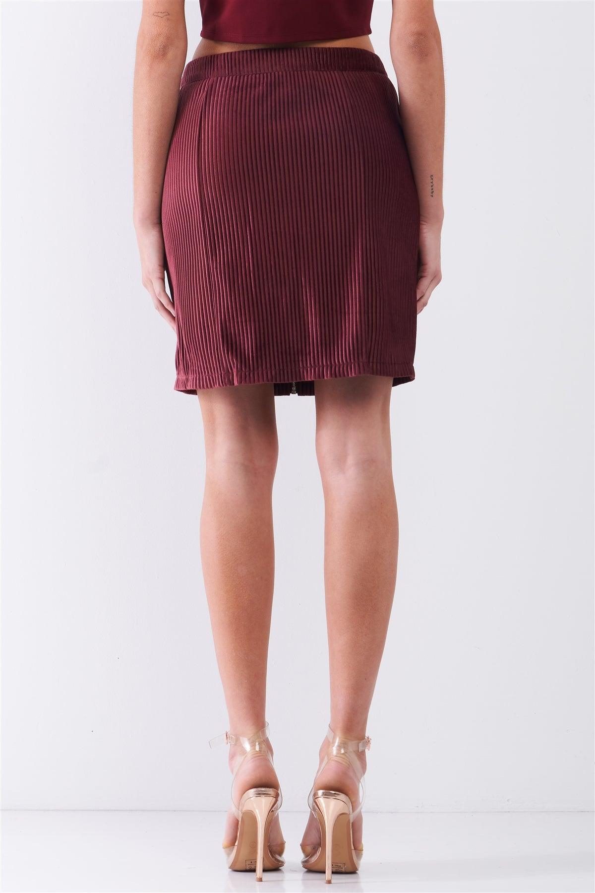 Plum Velvet Ribbed High Waist Front Zip-Up Detail Tight Mini Skirt /1-2-2-1
