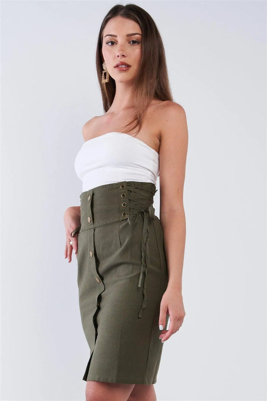 Khaki Green Tight Fit Front Button Down High Waist Tube Mini Skirt With Side Corset Draw String Tie Details /1-2-2-1 - Tasha Apparel Wholesale
