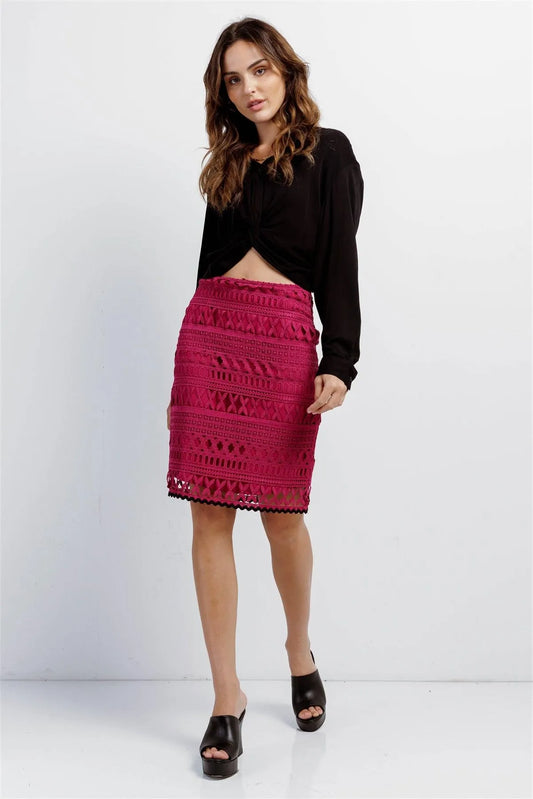 Dark Magenta Crochet High Waist Pencil Mini Skirt /1-2-2-1 - Tasha Apparel Wholesale