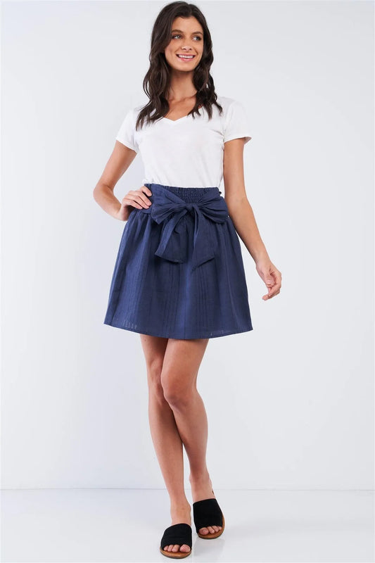 Navy Blue Linen Striped Pleated Smock High Waist Self-Tie Detail Mini Skirt /3-3-1 - Tasha Apparel Wholesale