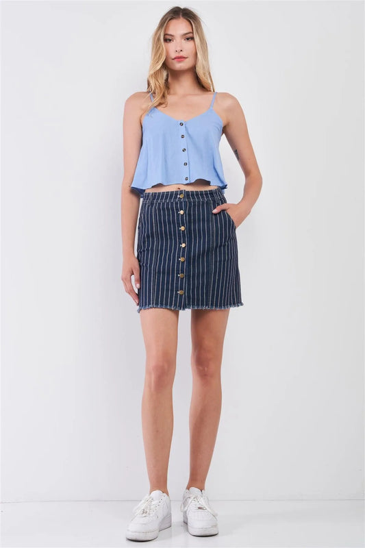 Dark Blue & Red Striped Print High Waist Button-Down Front Raw Hem Detail Denim Mini Skirt /2-1-1 - Tasha Apparel Wholesale