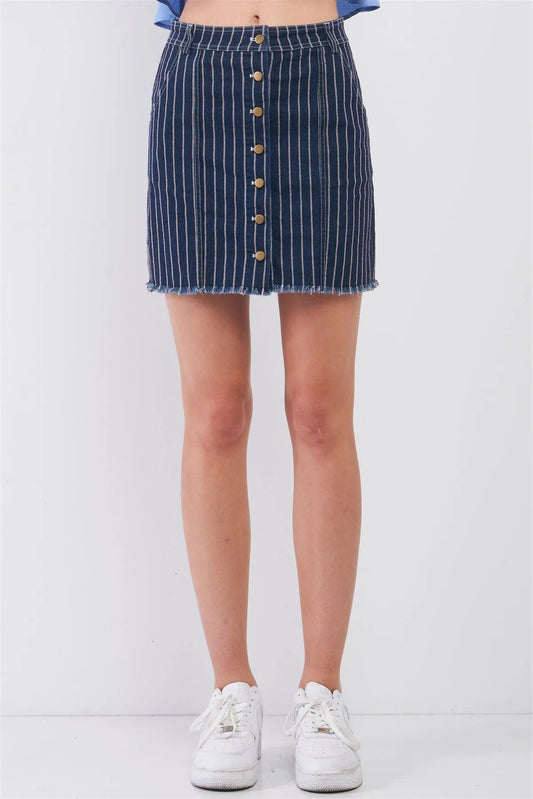 Dark Blue & Red Striped Print High Waist Button-Down Front Raw Hem Detail Denim Mini Skirt /1-2-2-1 - Tasha Apparel Wholesale