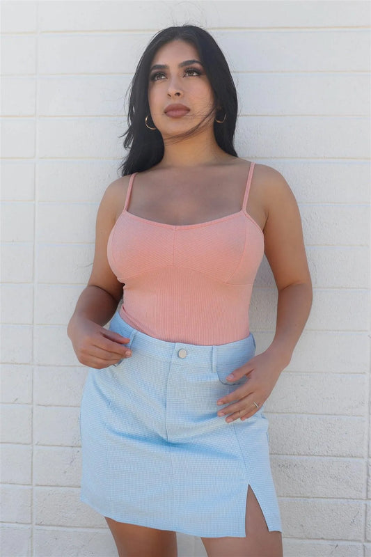Baby Blue & White Plaid Front Side Slit Mini Skirt /3-2-1 - Tasha Apparel Wholesale