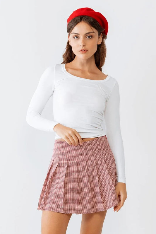 Red & White Plaid Pleated Cotton High Waist Mini Skirt /2-2-1 - Tasha Apparel Wholesale