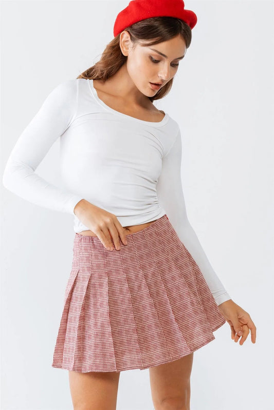 Red & White Plaid Pleated Cotton High Waist Mini Skirt /3-2-1 - Tasha Apparel Wholesale