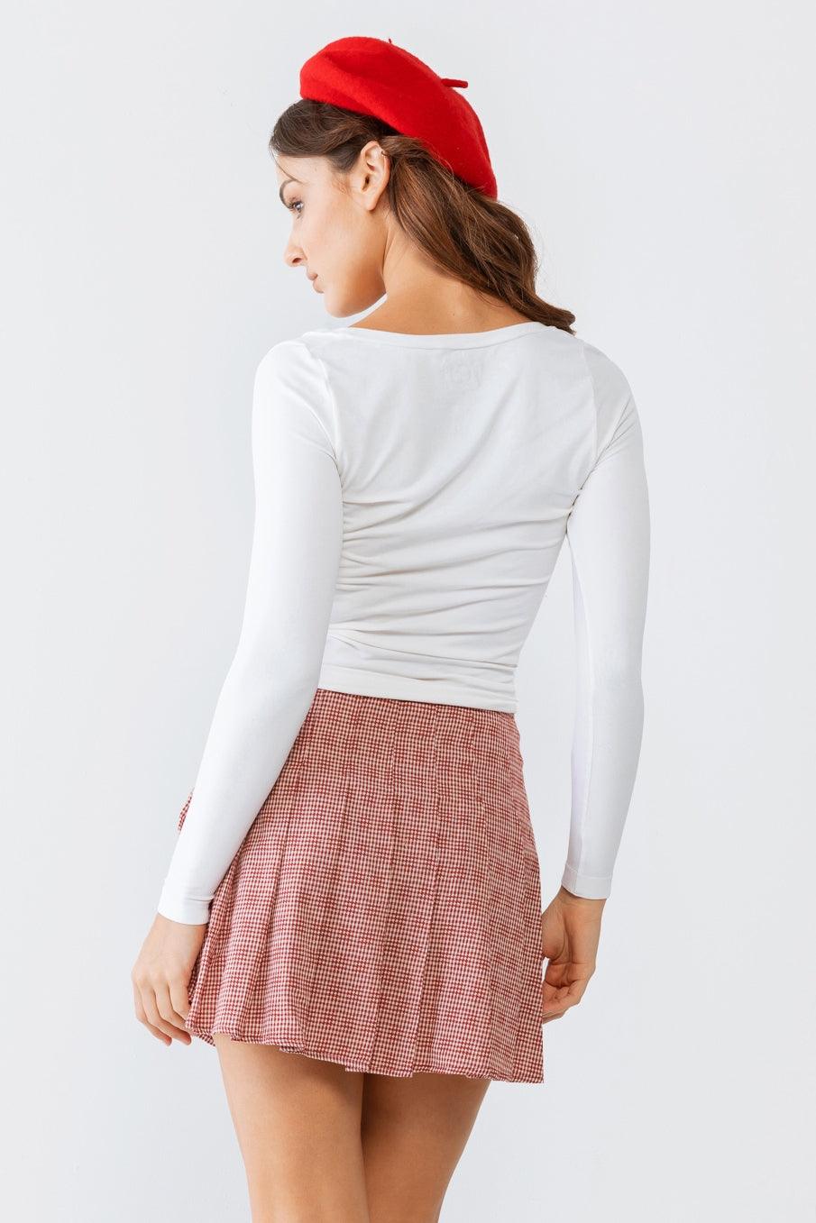 Red & White Plaid Pleated Cotton High Waist Mini Skirt /3-2-1