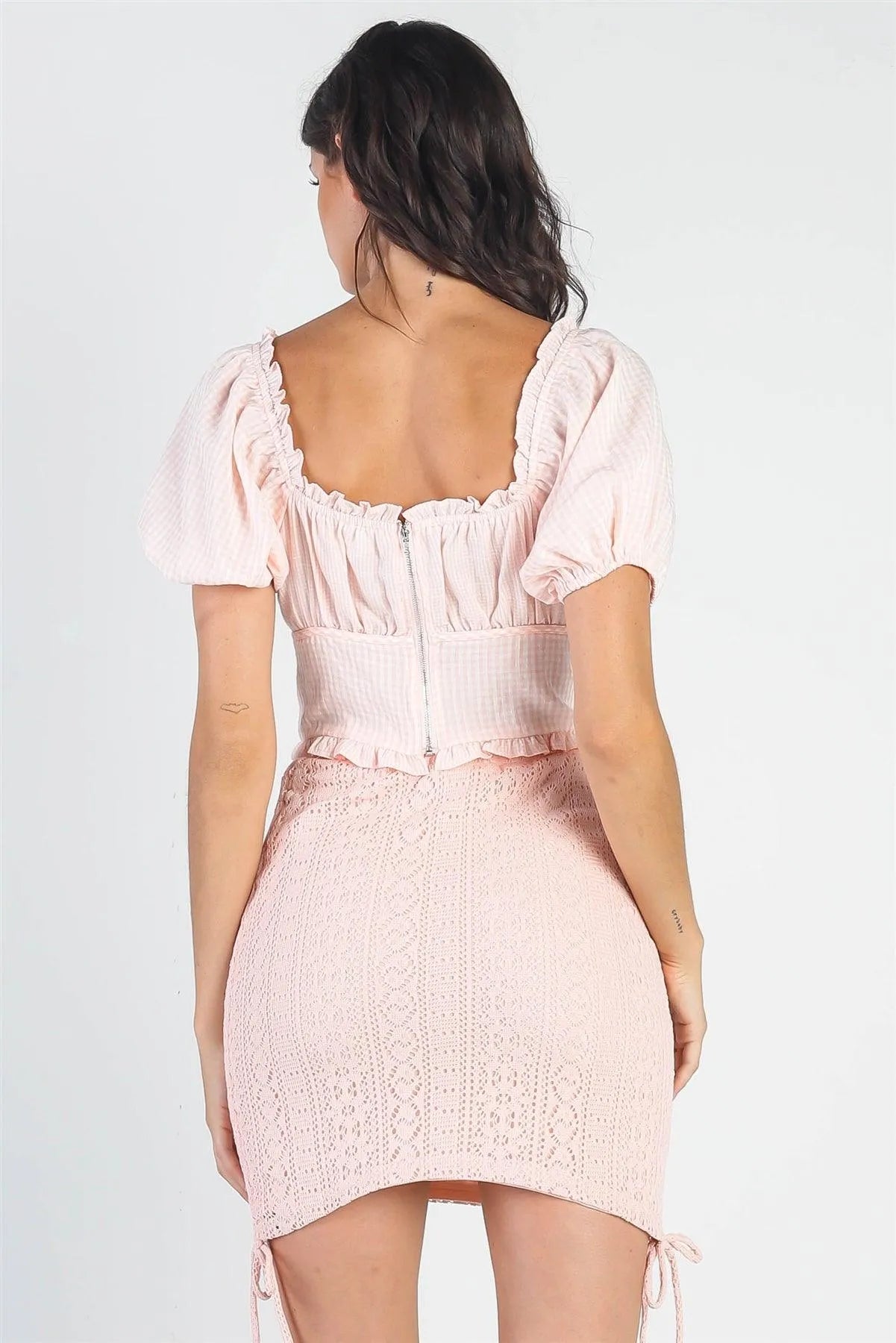 Blush Crochet Side Ruched Tie Detail Mini Skirt /3-2-1 - Tasha Apparel Wholesale