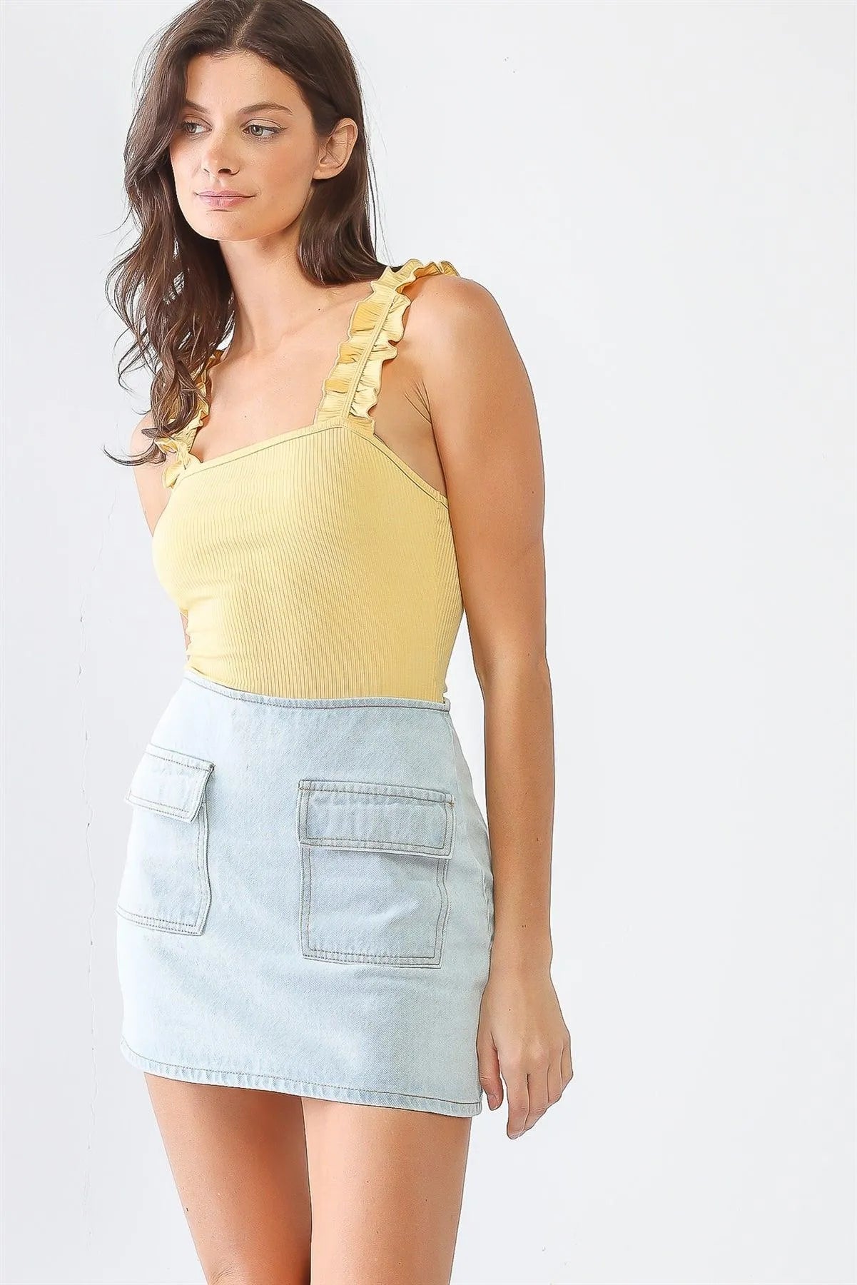 Light Denim Cotton Two Pocket High Waist Mini Skirt /3-2-1 - Tasha Apparel Wholesale