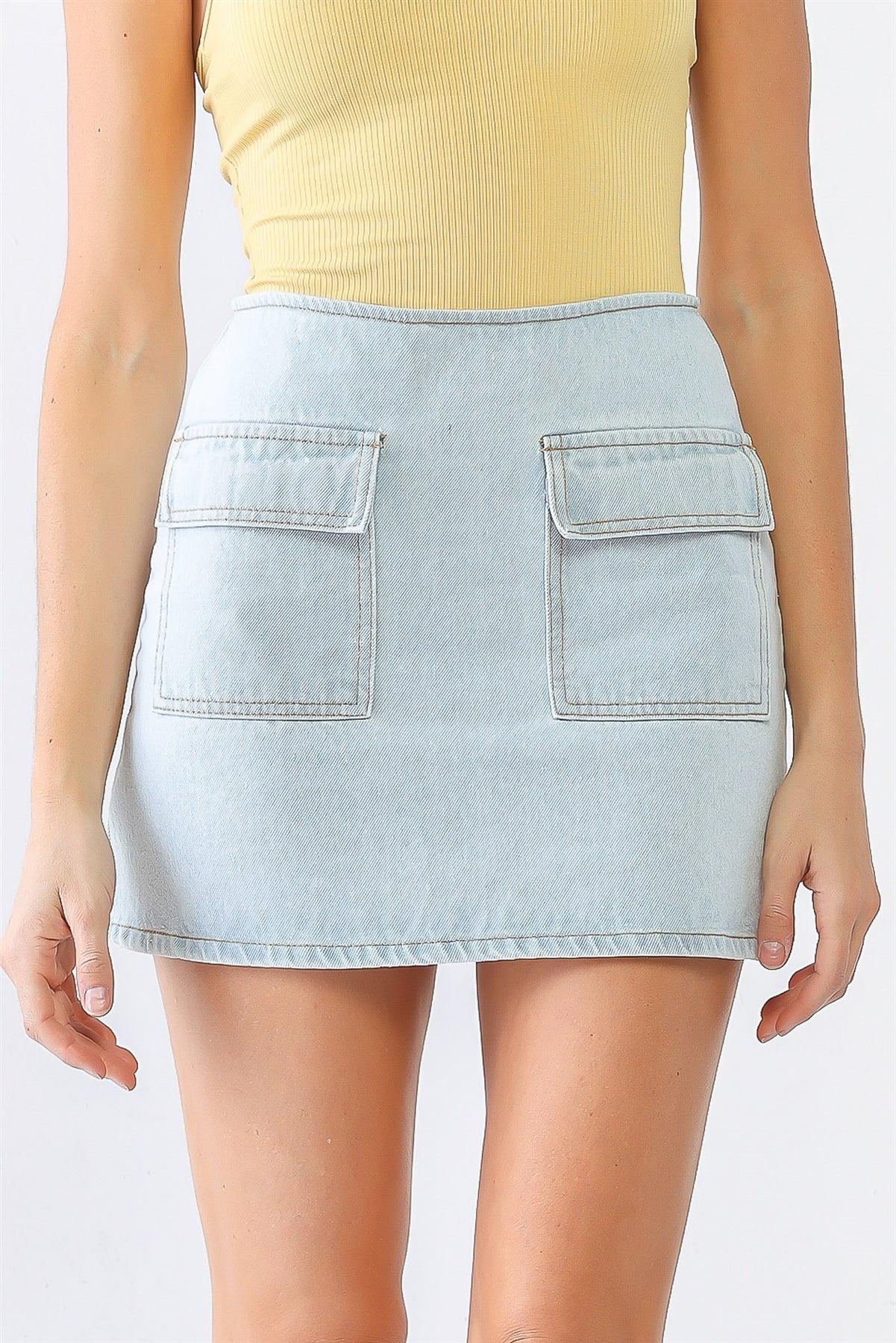 Light Denim Cotton Two Pocket High Waist Mini Skirt /3-2-1