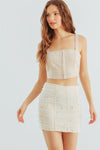 Cream Floral Embroidery Mesh Rushed Mini Skirt /3-2-1