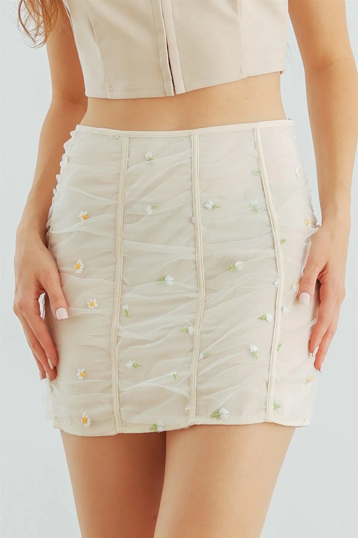 Romantic Cream Floral Embroidery Mesh Rushed Mini Skirt - Tasha Apparel Wholesale