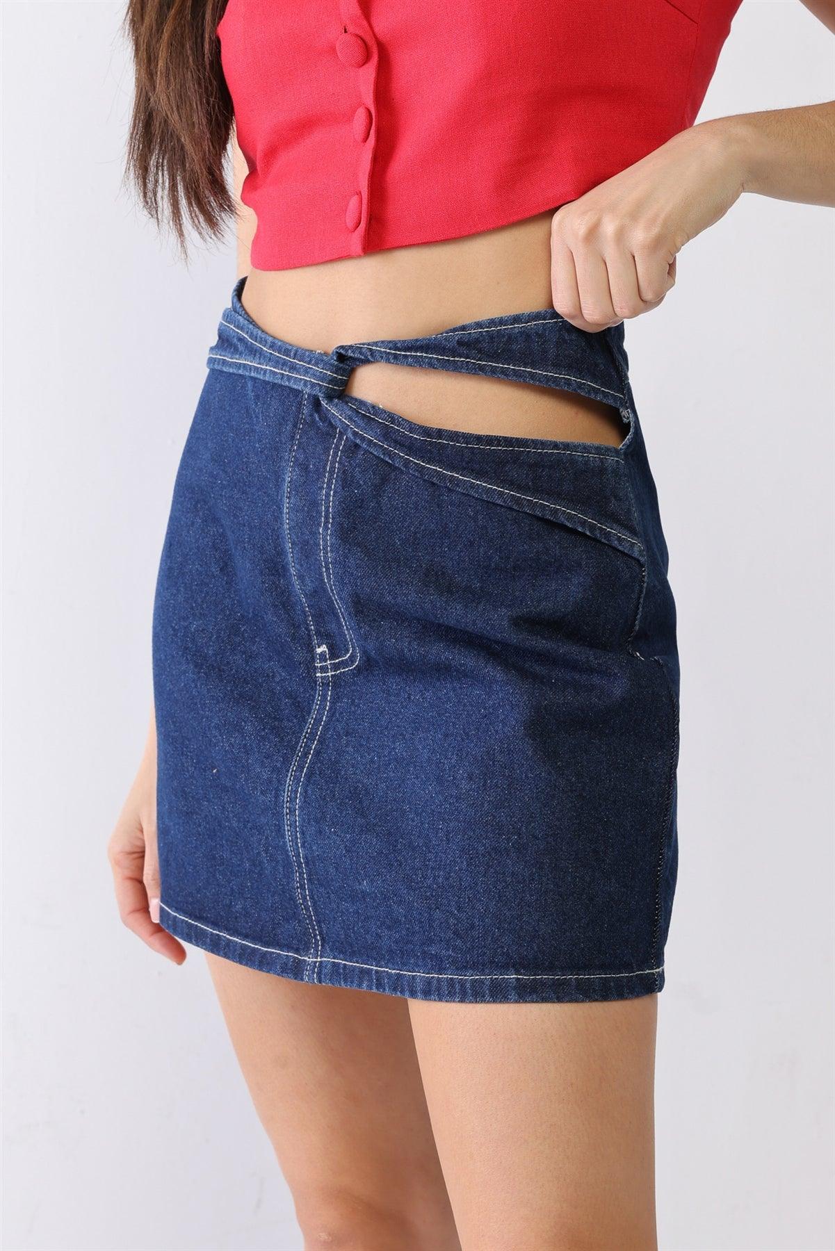 Indigo Denim Cotton Cut-Out Detail High Waist Mini Skirt /3-2-1