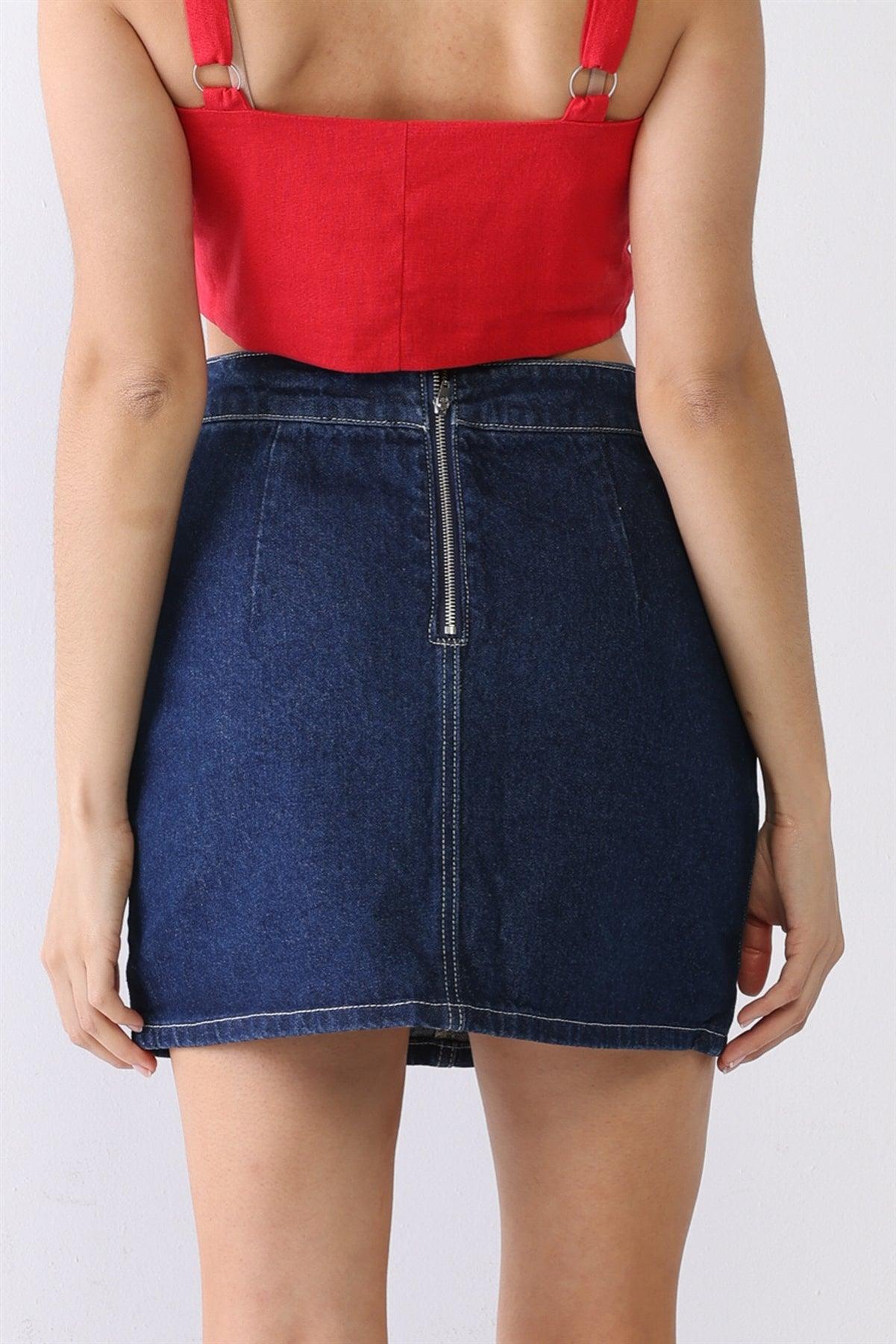 Indigo Denim Cotton Cut-Out Detail High Waist Mini Skirt /3-2-1