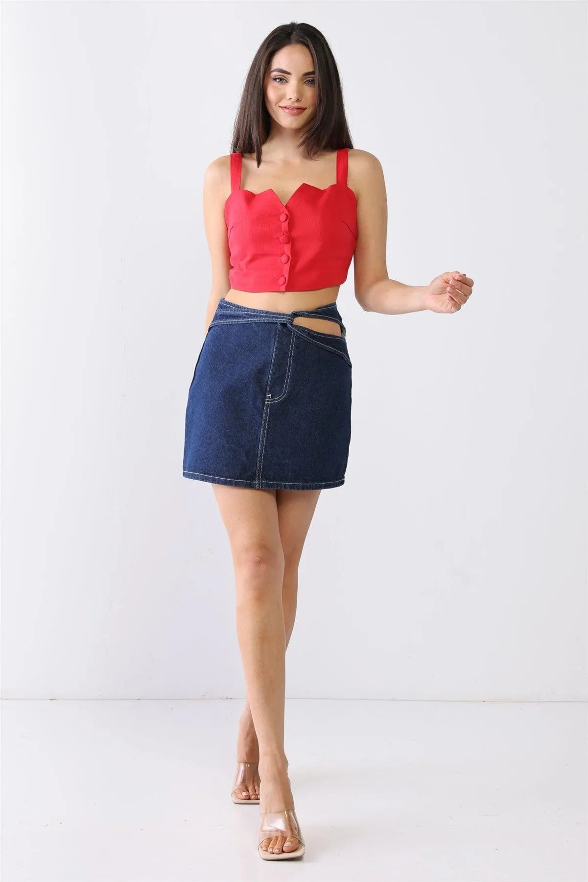 Denim Cotton Cut-Out Detail High Waist Mini Skirt - Tasha Apparel Wholesale