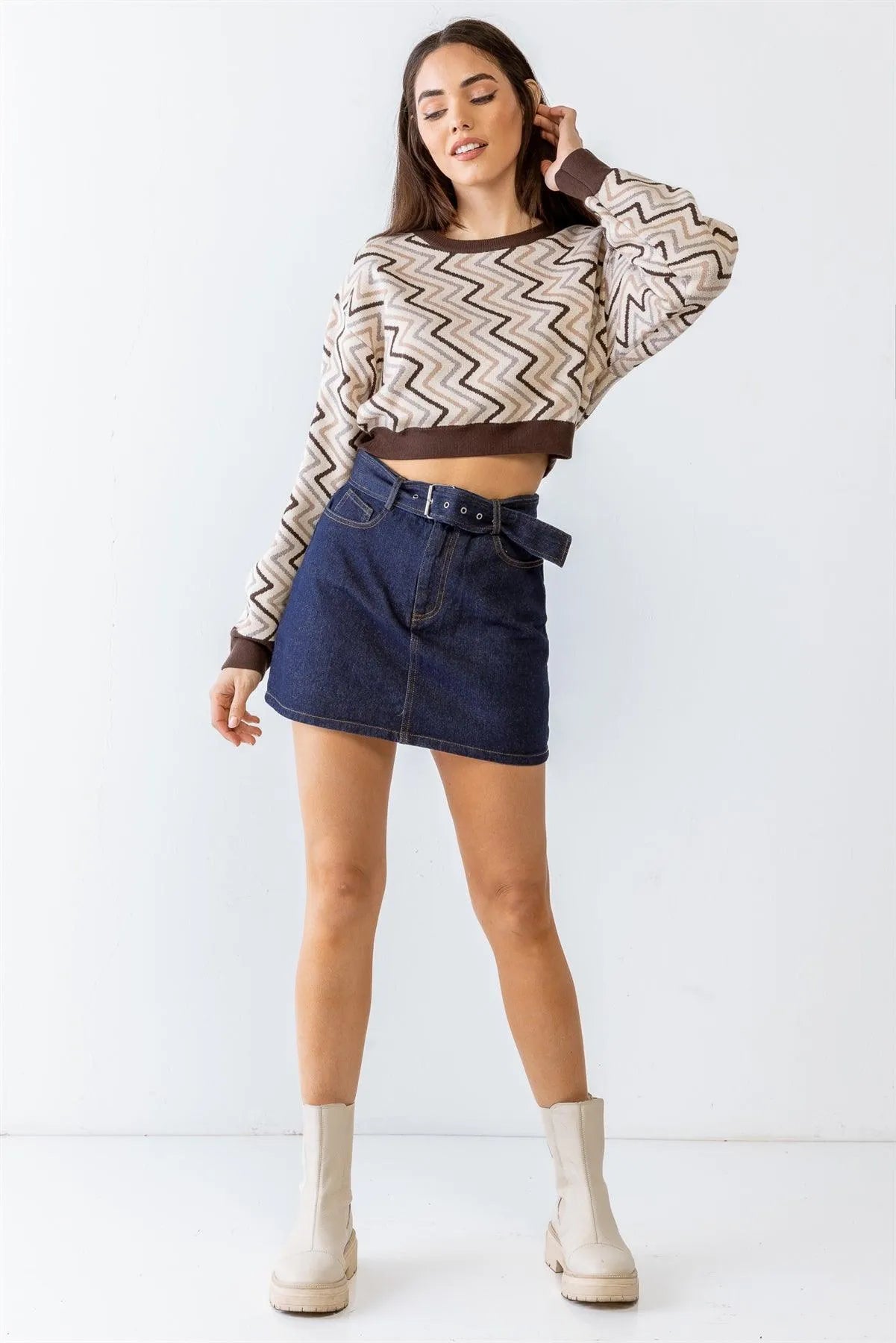 Indigo Denim Cotton High Waist Belted Five Pocket Mini Skirt /1-2-2-1 - Tasha Apparel Wholesale