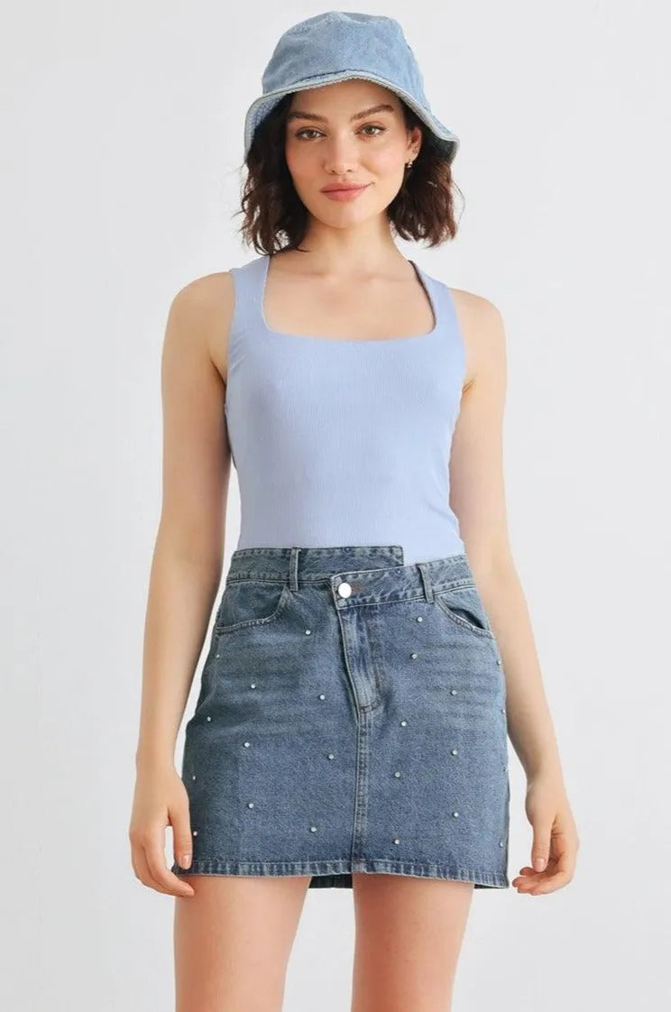 Denim Rhinestone Cotton Asymmetrical High Waist Mini Skirt /1-2-2-1 - Tasha Apparel Wholesale
