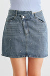 Denim Rhinestone Cotton Asymmetrical High Waist Mini Skirt /1-2-2-1 - Tasha Apparel Wholesale