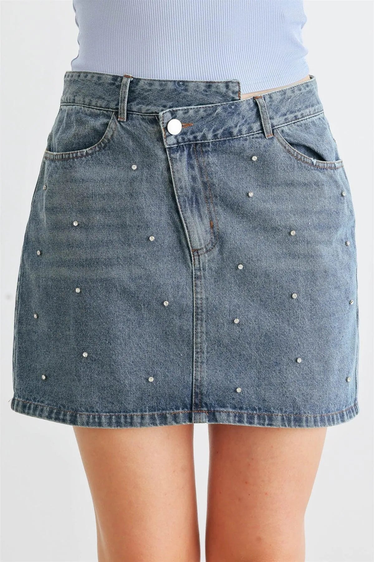 Denim Rhinestone Cotton Asymmetrical High Waist Mini Skirt /1-2-2-1 - Tasha Apparel Wholesale