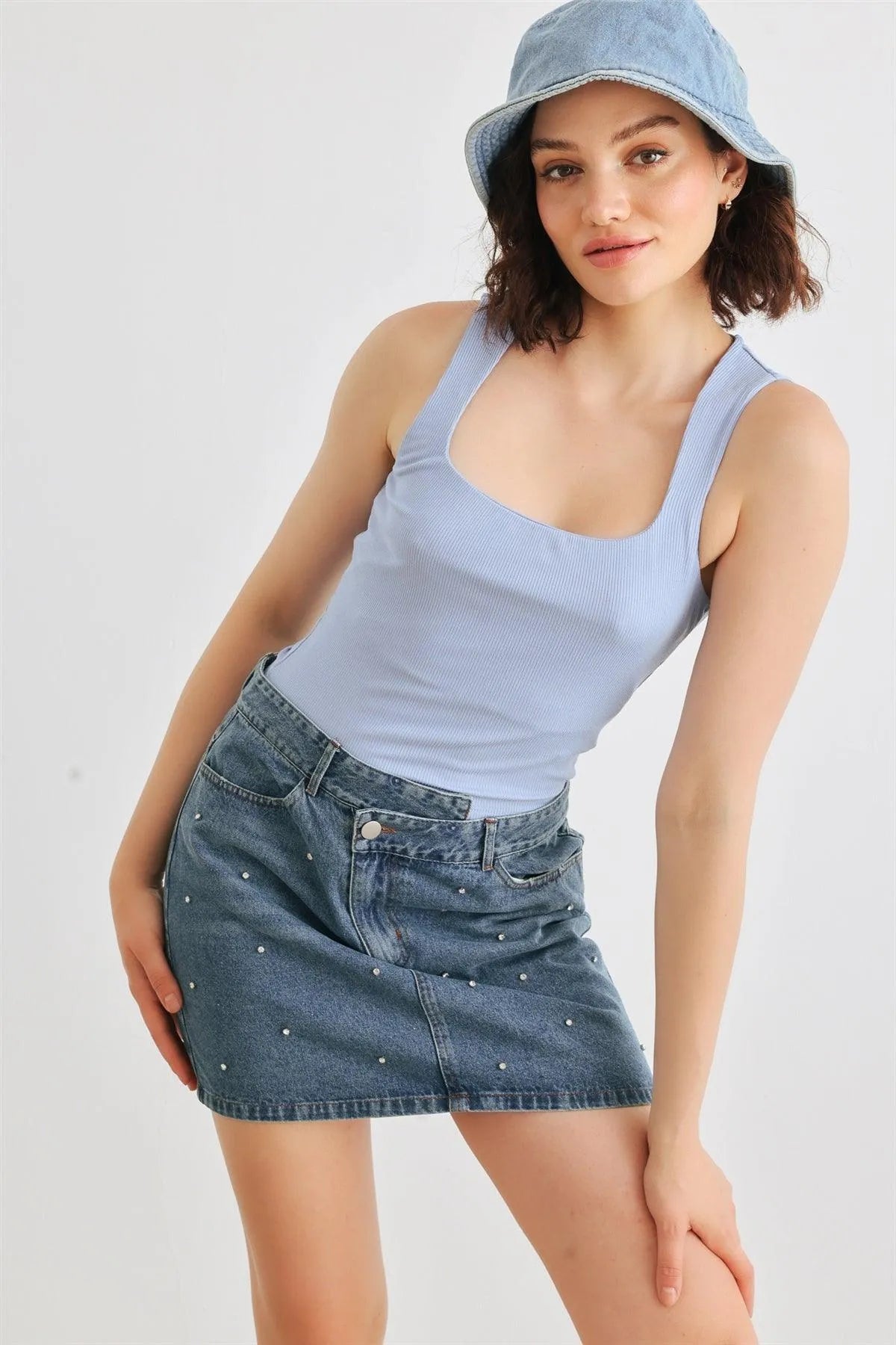 Denim Rhinestone Cotton Asymmetrical High Waist Mini Skirt /1-2-2-1 - Tasha Apparel Wholesale