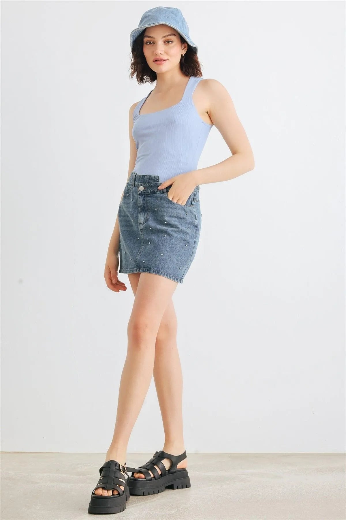 Denim Rhinestone Cotton Asymmetrical High Waist Mini Skirt /1-2-2-1 - Tasha Apparel Wholesale
